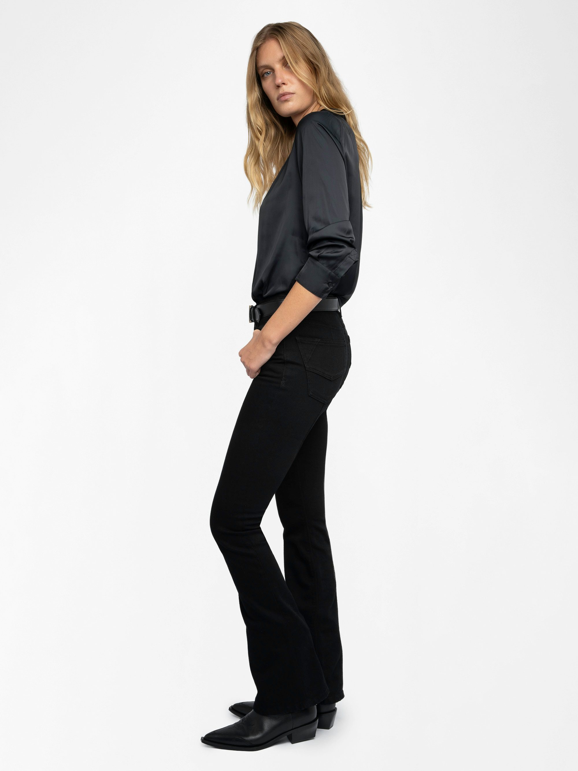 Tink Satin Blouse - Open-collar satin blouse with long sleeves and gathered details.